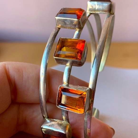 VINTAGE HONEY YELLOW ORANGE PASTE GLASS STONE CUFF BANGLE BRACELET 925 STERLING